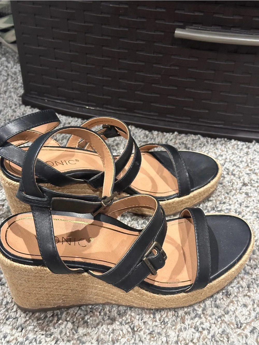 Vionic Black Leather Strappy Espadrille Wedge Sandals